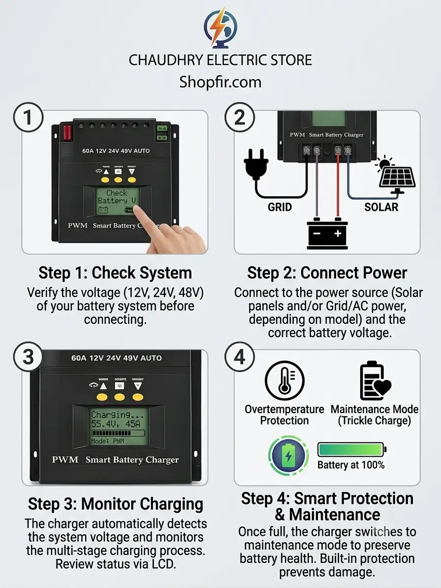 Buy 60A PWM Smart Battery Charger with auto 12V/24V/48V detection, solar & grid input, LCD display & battery protection. Best quality, order online in Pakistan.